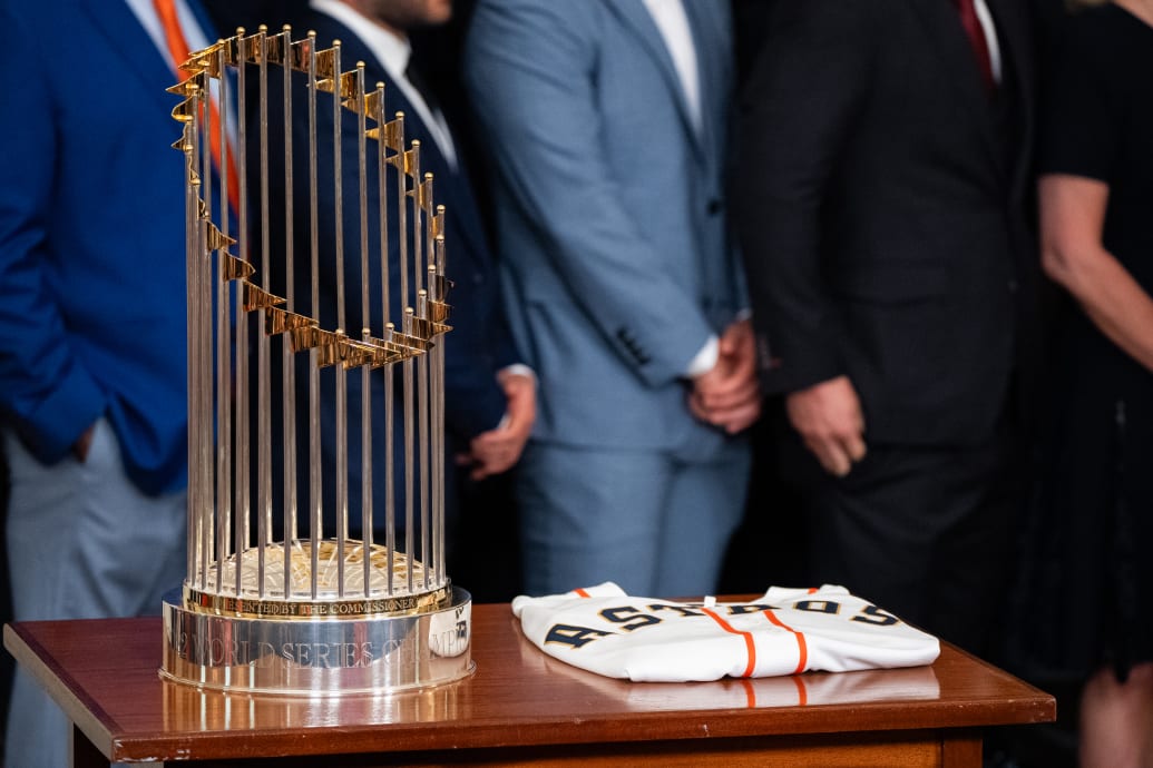 A picture of the Houston Astros’ 2022 World Series trophy.