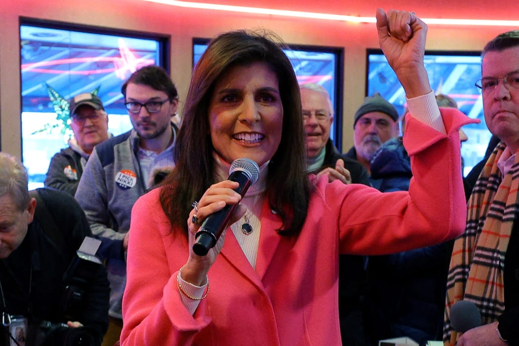 Republican presidential candidate Nikki Haley speaks during a campaign stop at the Drake Diner on the day of the Iowa Caucus