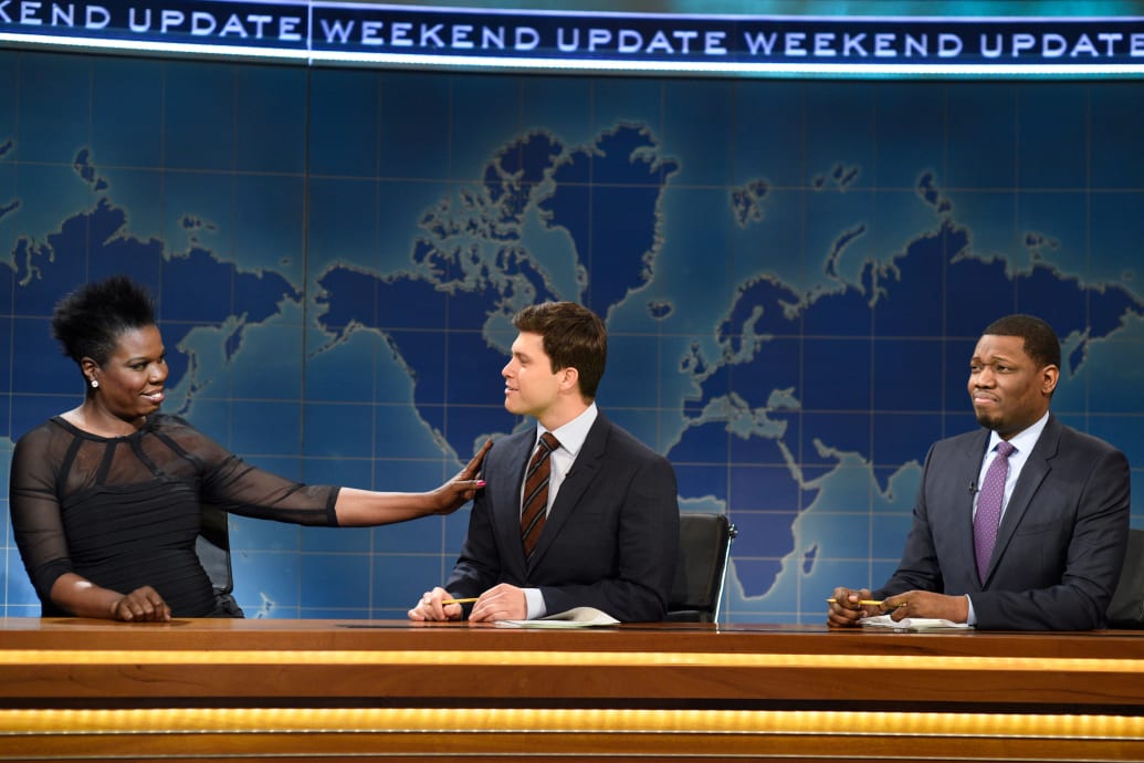 Relationship expert Leslie Jones, Colin Jost, and Michael Che during Weekend Update on February 13, 2016