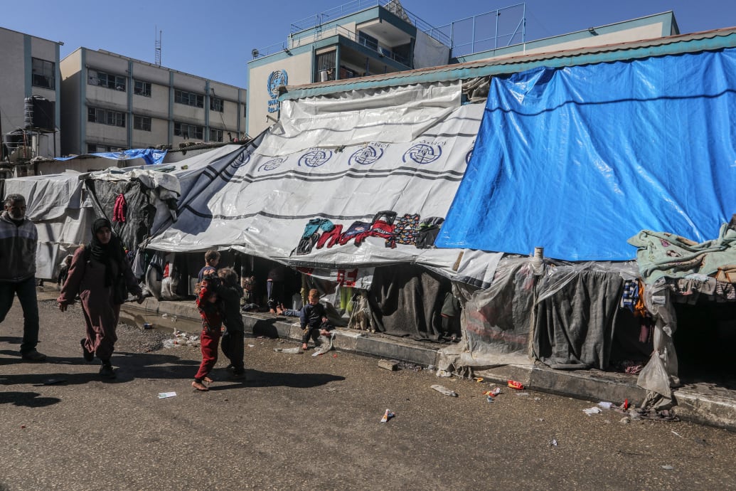 Palestinains taking refuge in Rafah, Gaza on February 8, 2024 in makeshift tents fleeing from Israeli attacks.