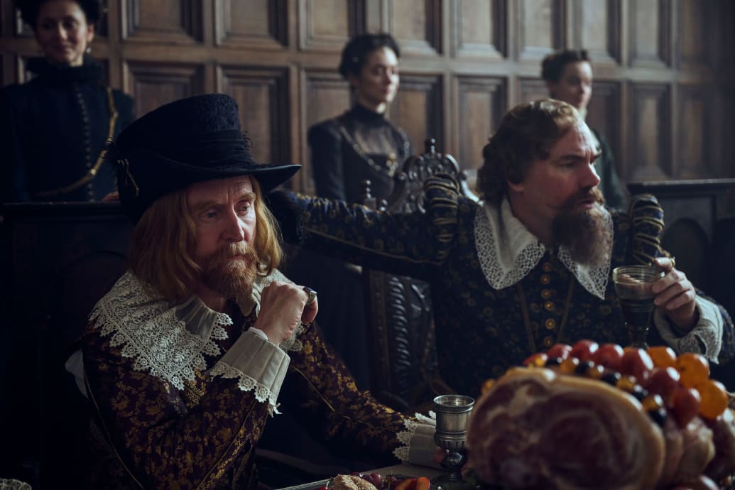 A still from Episode 1 of Mary & George showing Tony Curran  as King James and David Weiss as King of Denmark.