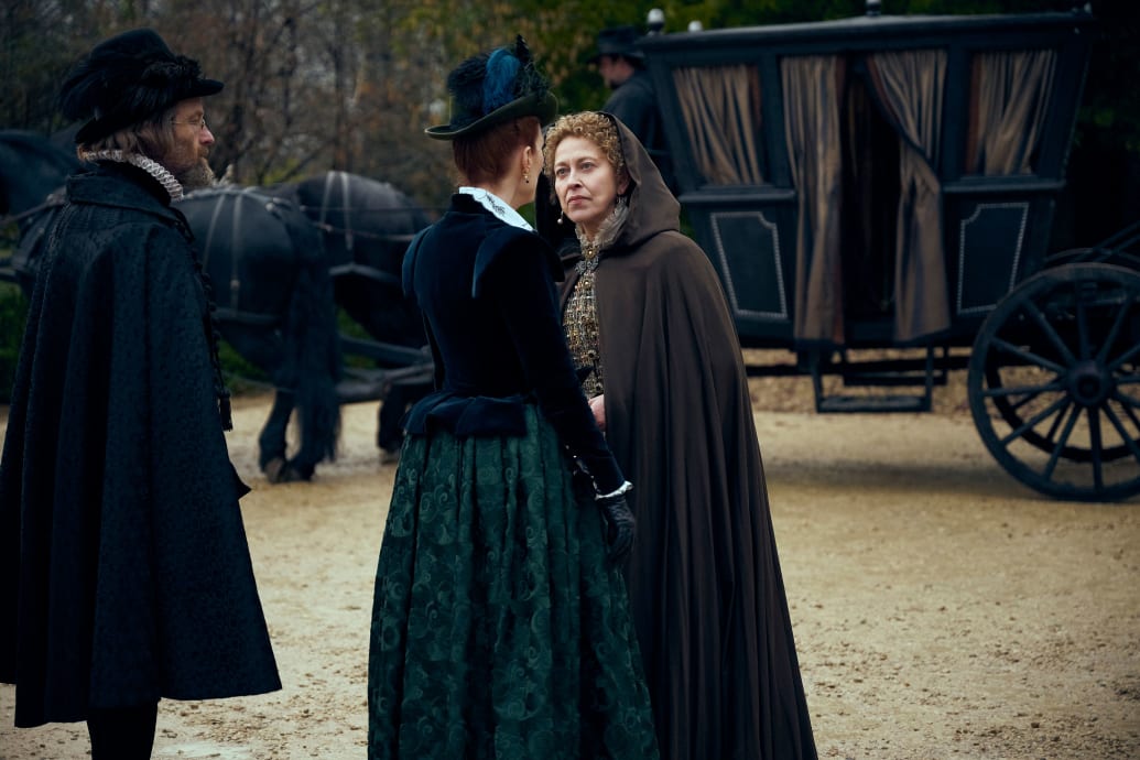 Sir Edward Coke played by Adrian Rawlins, Mary Villiers played by Julianne Moore and Lady Hatton played by Nicola Walker in Episode 4 of Mary & George.