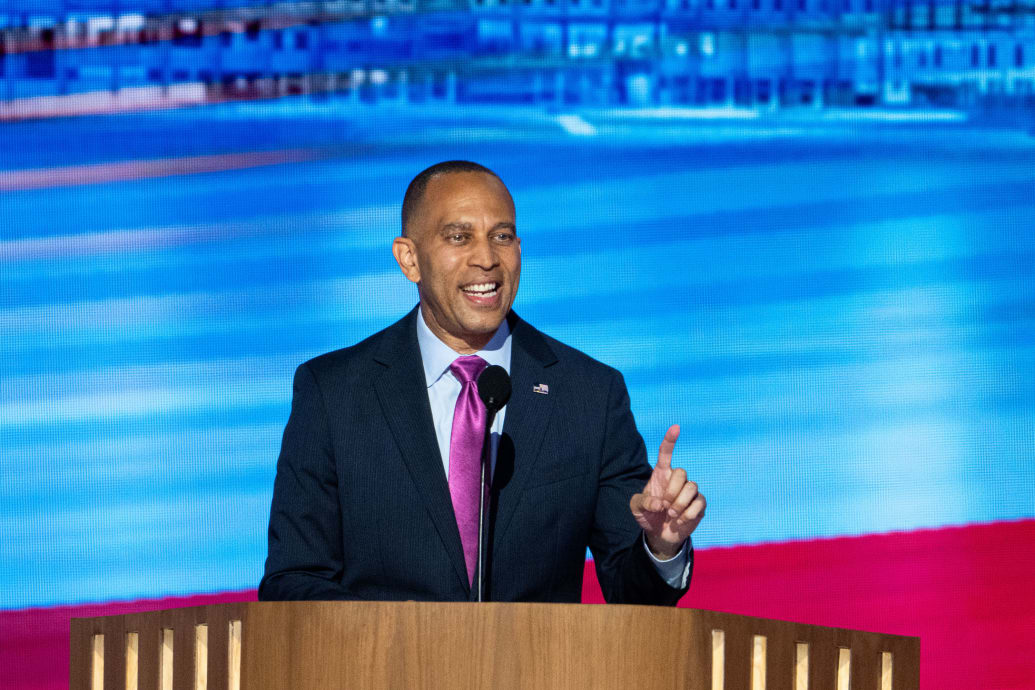 House Minority Leader Hakeem Jeffries, D-N.Y.,speaks during day three of the 2024 Democratic National Convention in Chicago on Wednesday, August 21, 2024. 