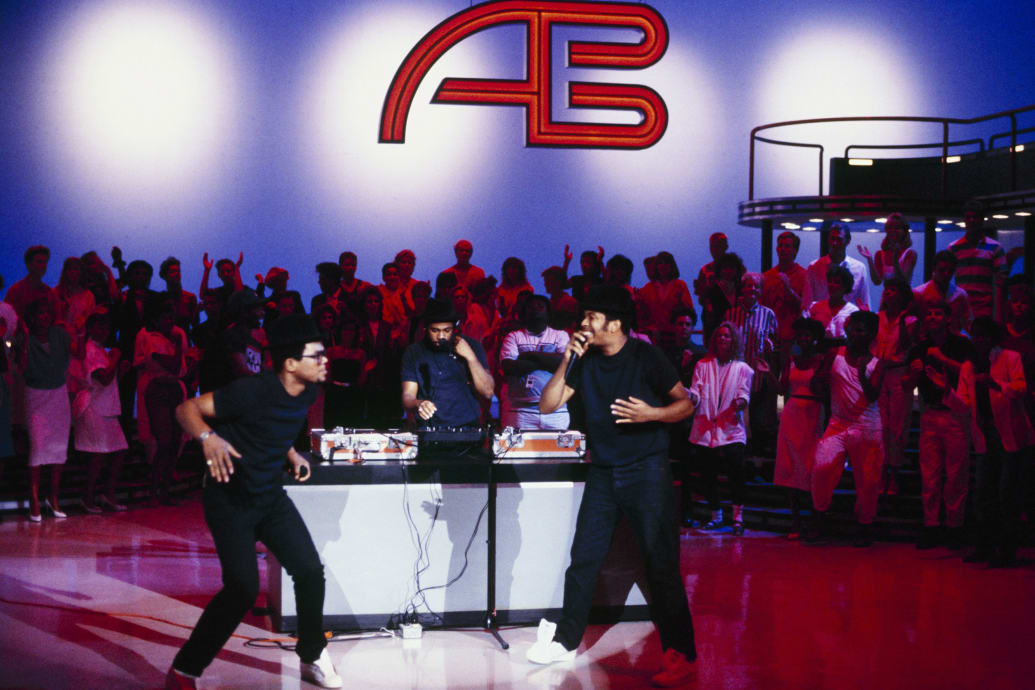 Run D.M.C. performs on American Bandstand in 1985.