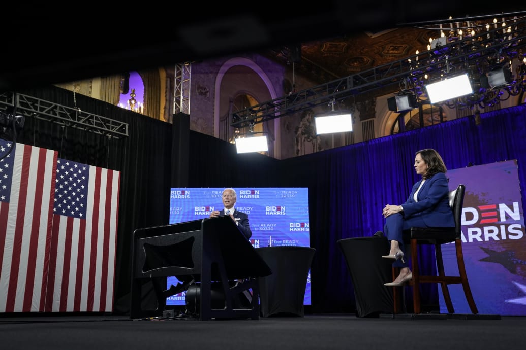 Biden and Harris sit together in a virtual studio in Delaware 