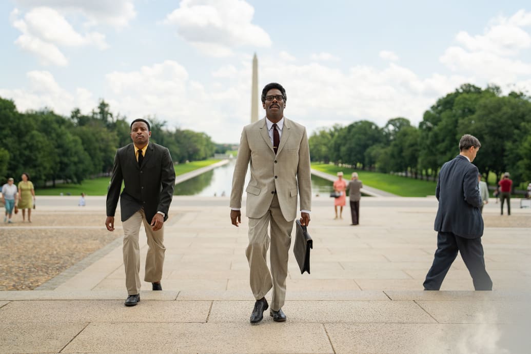 Aml Ameen as Martin Luther King and Colman Domingo as Bayard Rustin in Rustin.