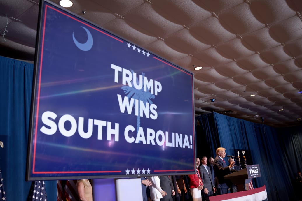 A photo showing a TV announcement that “Trump Wins South Carolina”