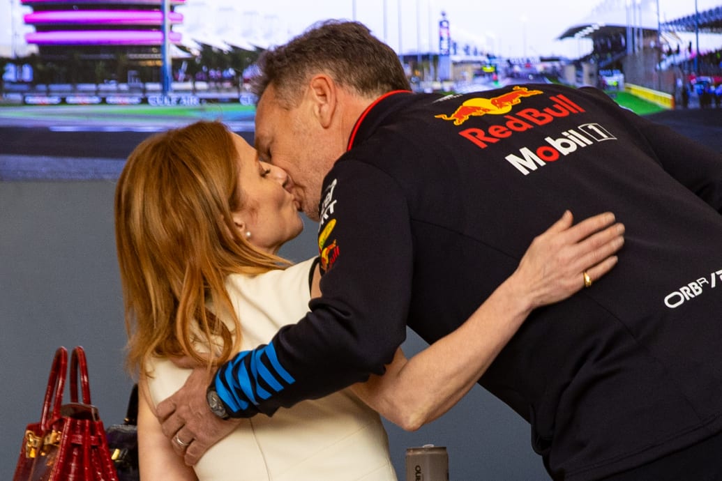 Oracle Red Bull Racing Team Principal Christian Horner kisses wife Geri Horner ahead of the F1 Grand Prix of Bahrain at Bahrain International Circuit on March 2, 2024 in Bahrain.