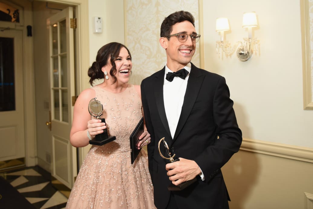 Lindsay Mendez and Justin Peck, winners for Rodgers and Hammerstein's Carousel, pose in the 72nd Annual Tony Awards Media Room at 3 West Club on June 10, 2018 in New York City.
