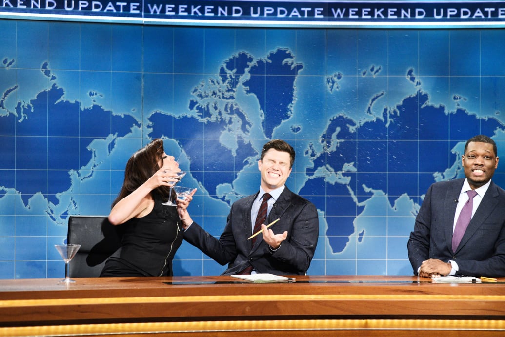Cecily Strong as Jeanine Pirro, Colin Jost, Michael Che during "Weekend Update" on May 18, 2019.