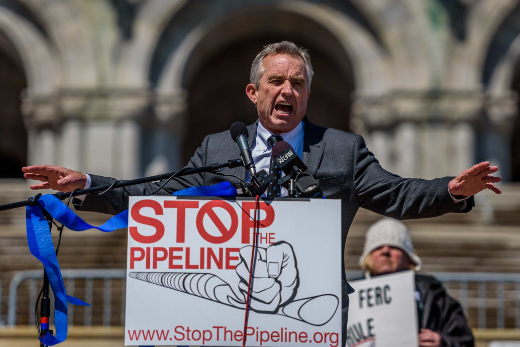 Robert F. Kennedy, Jr. protests outside of the New York State Capital in 2016 during his tenure as president of the Waterkeeper Alliance.