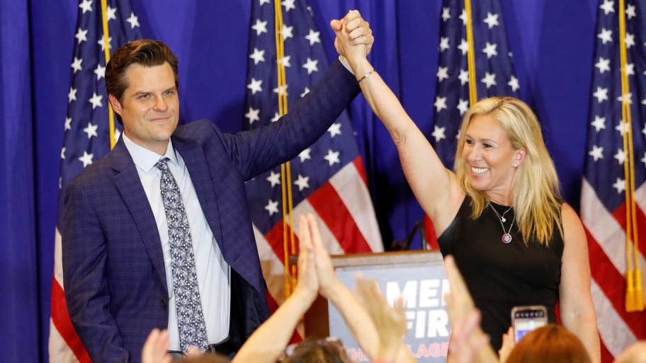 A photo of Rep. Matt Gaetz and Rep. Marjorie Taylor Greene at an “America First” rally in Florida.