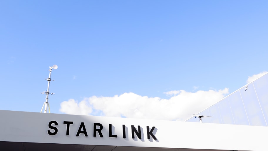 The Starlink logo is being displayed at their pavilion during the Mobile World Congress in Barcelona, Spain, on February 28, 2024.