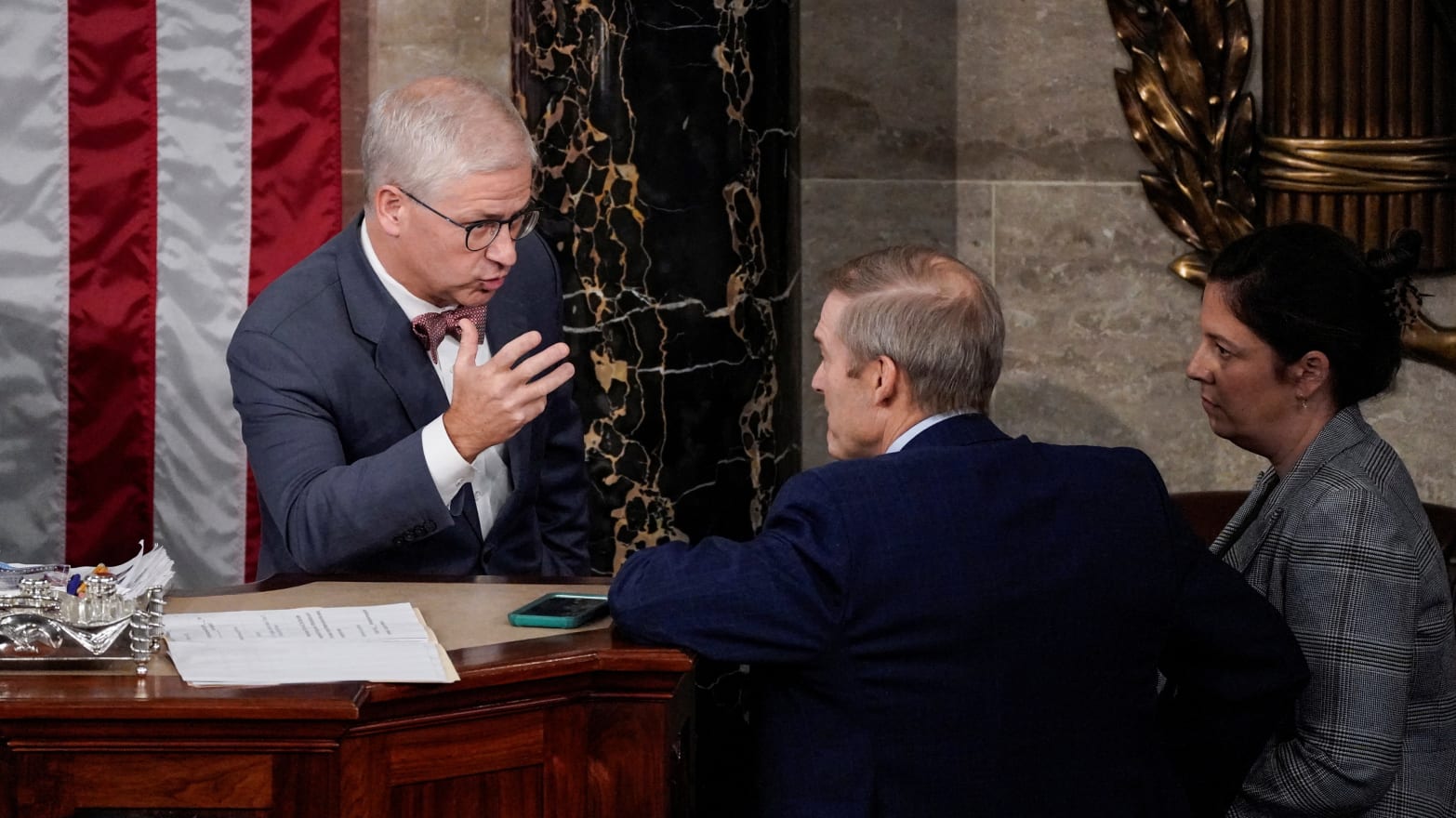 Speaker of the House Pro Tempore Patrick McHenry (R-NC)  talks with U.S. Rep. Jim Jordan (R-OH).