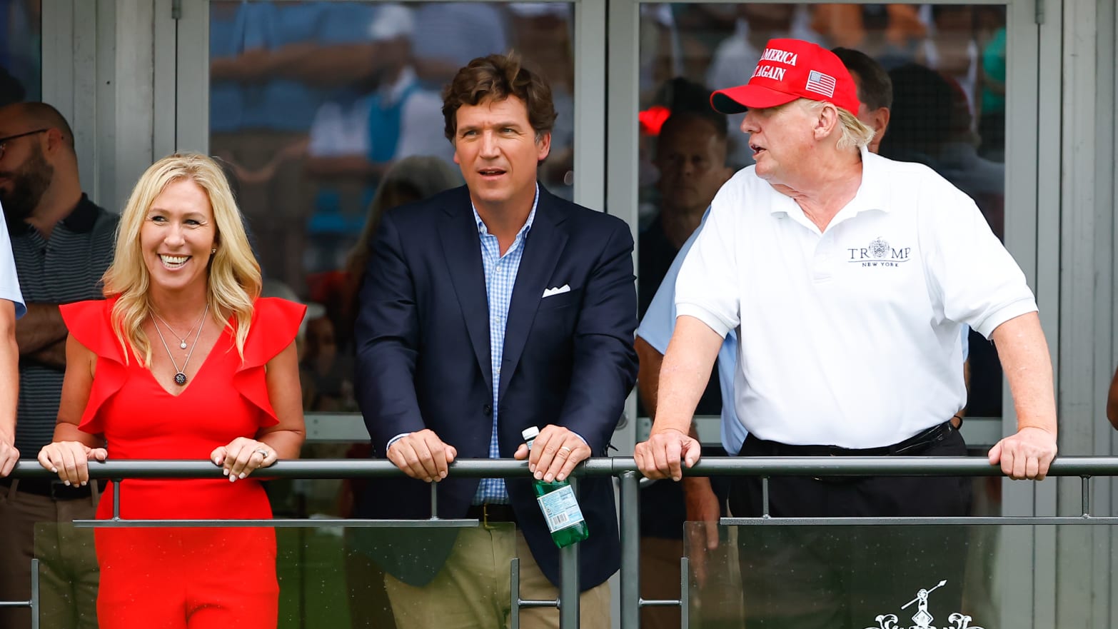 Former President Donald Trump, Tucker Carlson and Marjorie Taylor Greene during the 3rd round of the LIV Golf Invitational Series Bedminster on July 31, 2022.