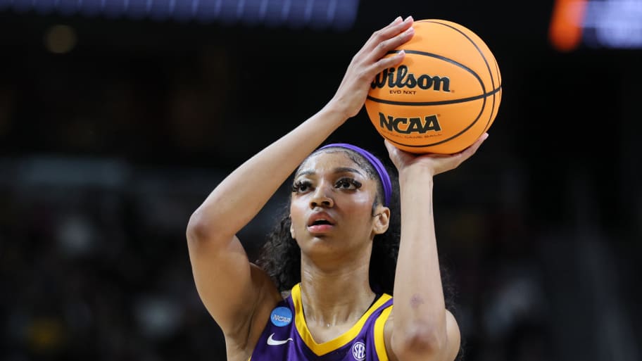 Angel Reese #10 of the LSU Tigers shoots the ball during the first half against the Iowa Hawkeyes in the Elite 8 round of the NCAA Women's Basketball Tournament at MVP Arena on April 01, 2024 in Albany, New York.