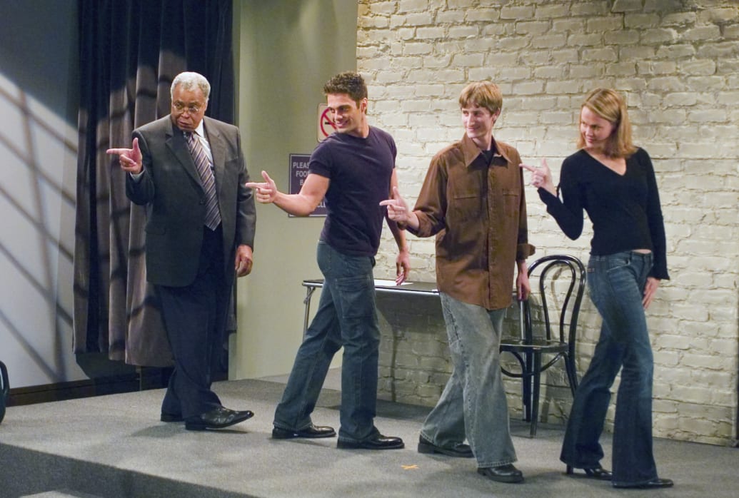 A photo of James Earl Jones as Himself, Jon Fleming as Russell, and Emily Rutherfurd as Joanne on Will & Grace