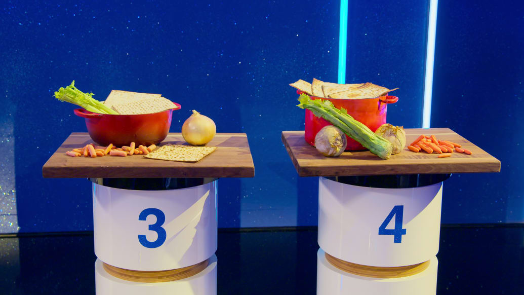 Two possible cakes made to look like a pot of vegetables on 'Is It Cake, Too?'