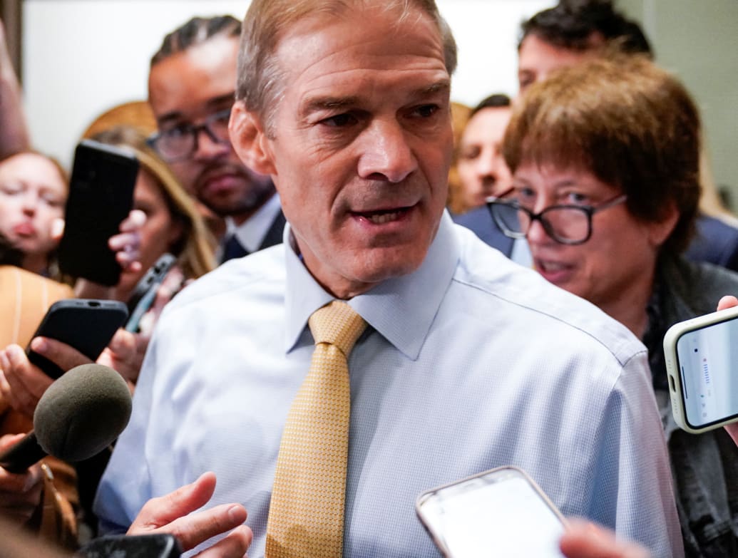 House Judiciary Committee Chairman Rep. Jim Jordan (R-OH), a prime contender in the race to be the next Speaker of the U.S. House of Representatives, speaks to reporters during a break in a House Republican Conference meeting.