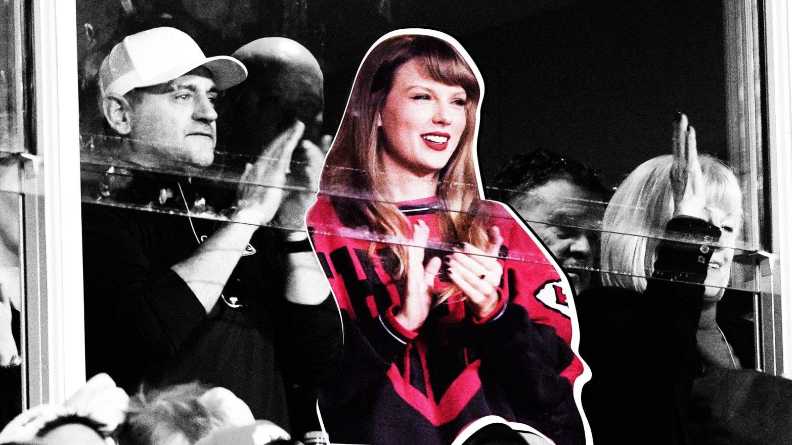 A photo illustration showing Taylor Swift wearing a vintage Kansas City Chiefs jacket while watching a Chief's game.