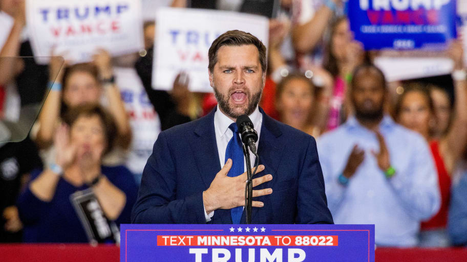 Republican presidential nominee and former U.S. President Donald Trump's vice presidential running mate U.S. Senator J.D. Vance speaks at a rally in St. Cloud, Minnesota, U.S., July 27, 2024.