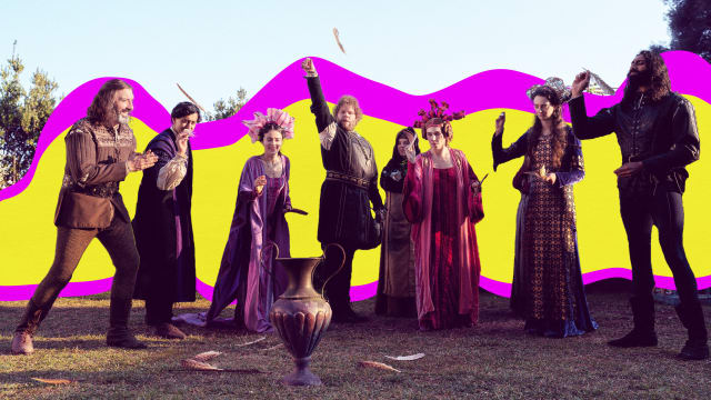 A still from The Decameron showing Tony Hale as Sirisco, Karan Gill as Panfilo, Lou Gala as Neifile, Douggie McMeekin as Tindaro, Saoirse-Monica Jackson as Misia, Zosia Mamet as Pampinea, Tanya Reynolds as Licisca, and Amar Chadha-Patel as Dioneo.