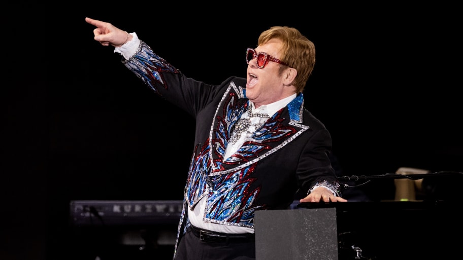 Elton John performs onstage at Dodger Stadium.