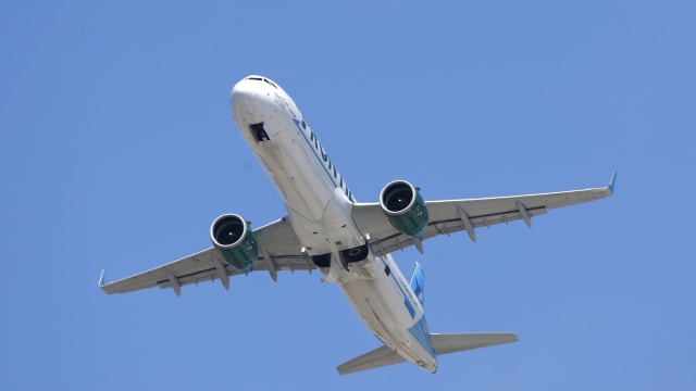 A Frontier Airlines Airbus A321-271NX aircraft departs San Diego International Airport en route to San Francisco on June 28, 2024