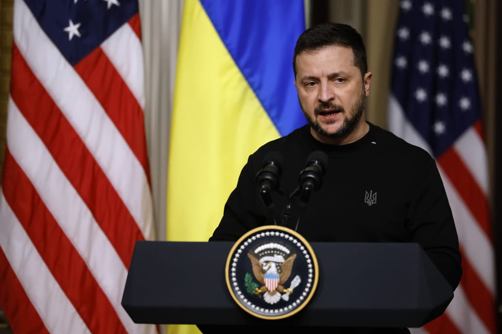 Ukrainian President Volodymyr Zelensky speaks during a news conference with and U.S. President Joe Biden in the Indian Treaty Room of the Eisenhower Executive Office Building