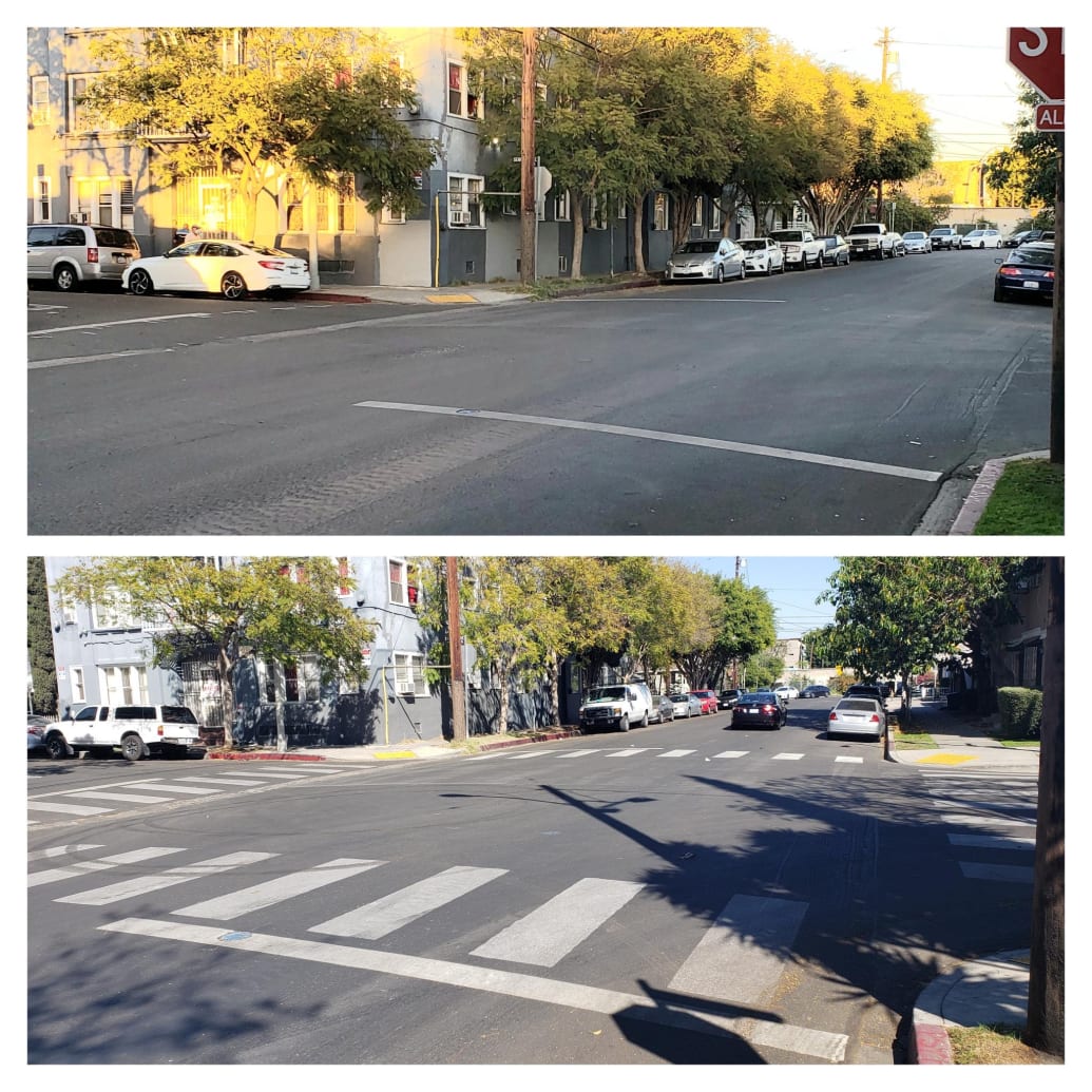 The before and after of a crosswalk painted by Crosswalk Collective in Los Angeles. 