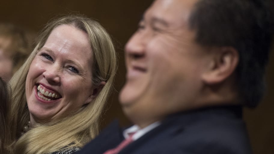 James C. Ho, nominee to be a judge for the 5th U.S. Circuit Court of Appeals, appears with his wife Allyson in 2017.