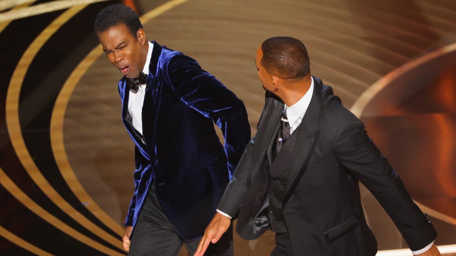 Will Smith hits Chris Rock as Rock spoke on stage during the 94th Academy Awards in Hollywood, Los Angeles, California, March 27, 2022.