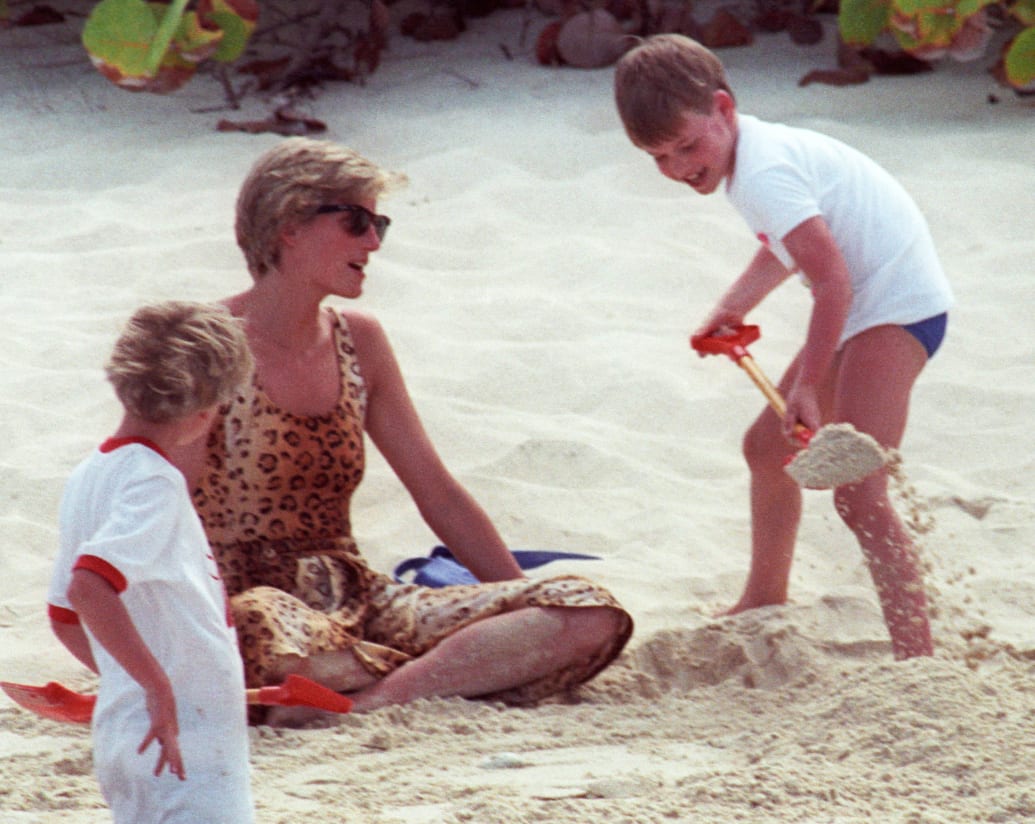 A photograph of Princess Diana and her son Prince William on a private beach holiday on Richard Branson's Necker Island in 1990.