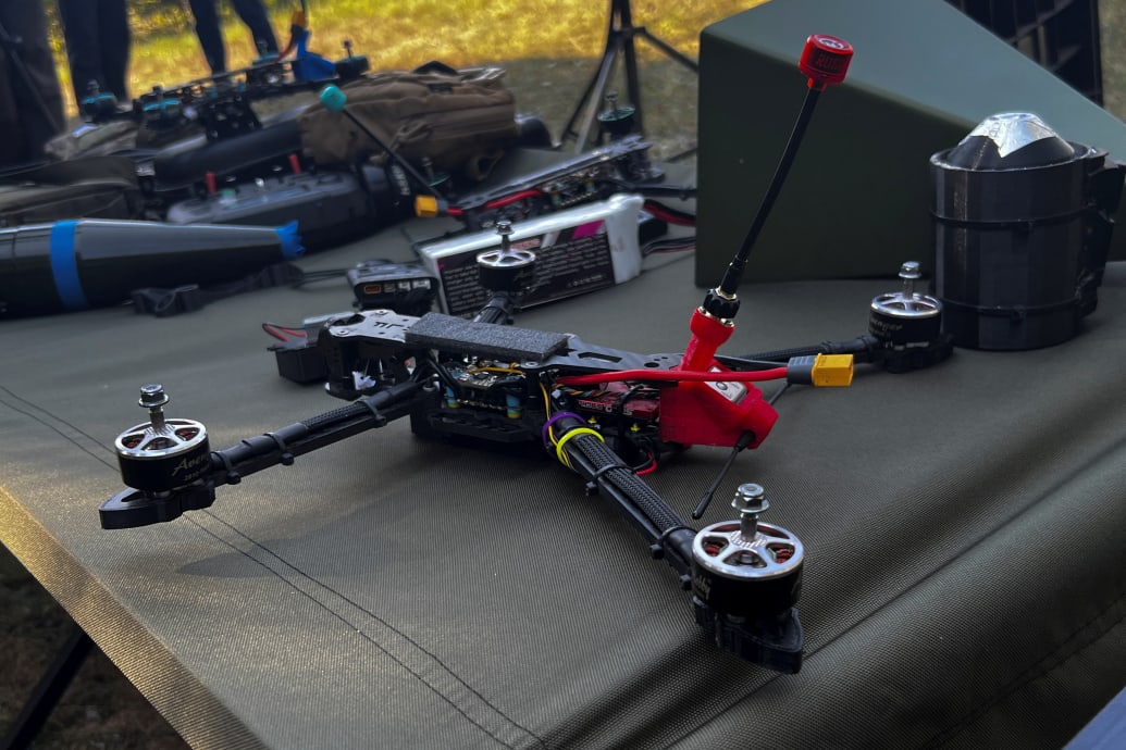 An FPV (first person view) drone and additional equipment at a training facility for military FPV drone pilots amid Russia's attack on Ukraine, at an undisclosed location in Zhytomyr region, Ukraine. 
