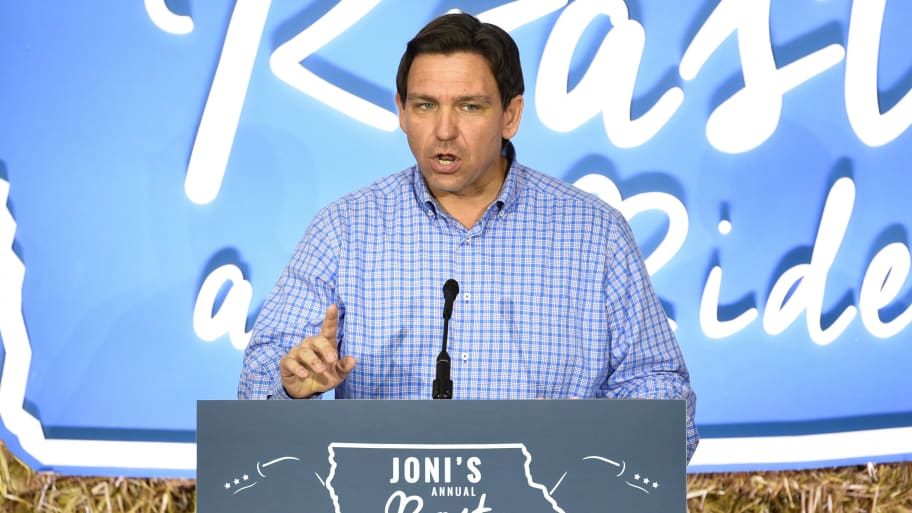 U.S. Republican presidential candidate and Florida Governor Ron DeSantis speaks at the \"Roast and Ride\" event.