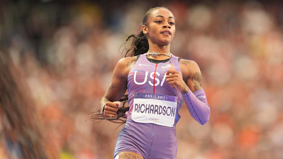 Sha'carri Richardson running during the 2024 Paris Olympic Games.