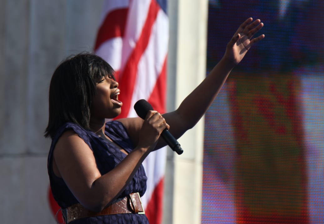 Jennifer Hudsonsings the National Anthem on day four of the Democratic National Convention (DNC) at Invesco Field at Mile High, Aug. 28, 2008 in Denver, Colorado. 