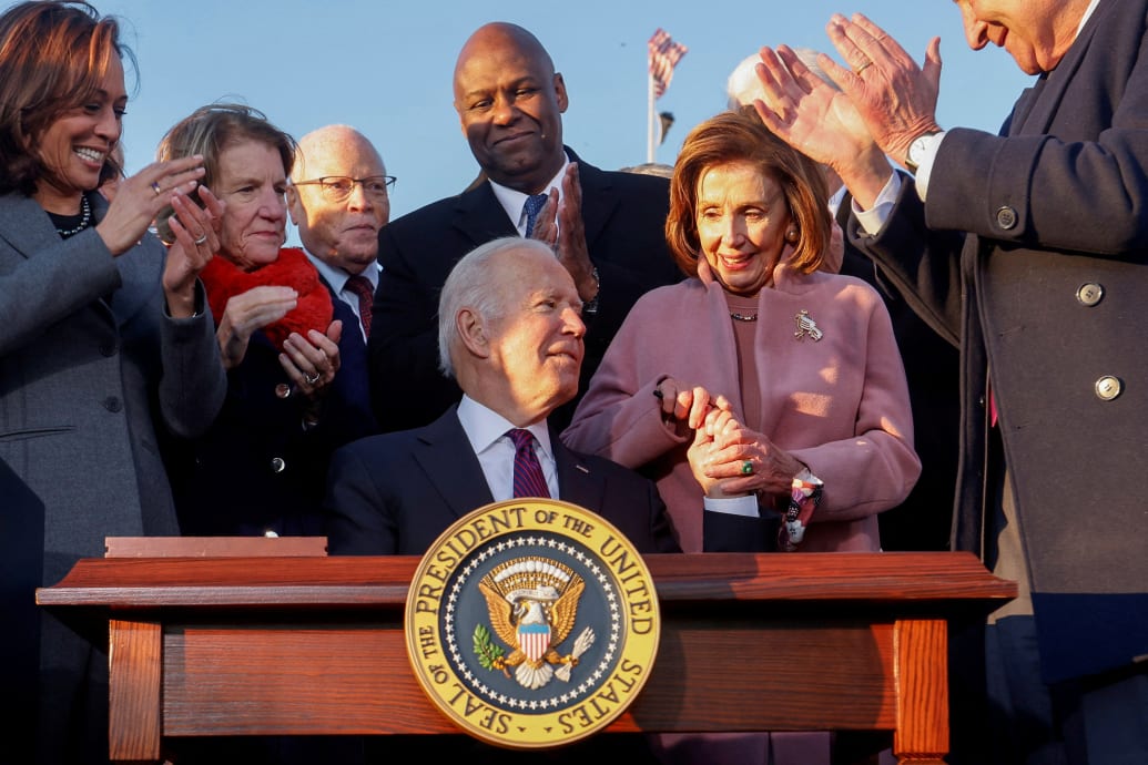 President Joe Biden, then-House Speaker Nancy Pelosi (D-CA) and Senate Majority Leader Chuck Schumer (D-NY) 