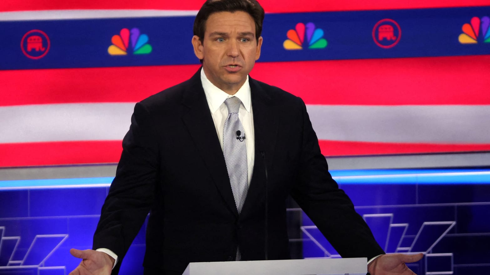 Florida Governor Ron DeSantis speaks at the third Republican candidates' U.S. presidential debate of the 2024 U.S. presidential campaign hosted by NBC News at the Adrienne Arsht Center for the Performing Arts in Miami, Florida