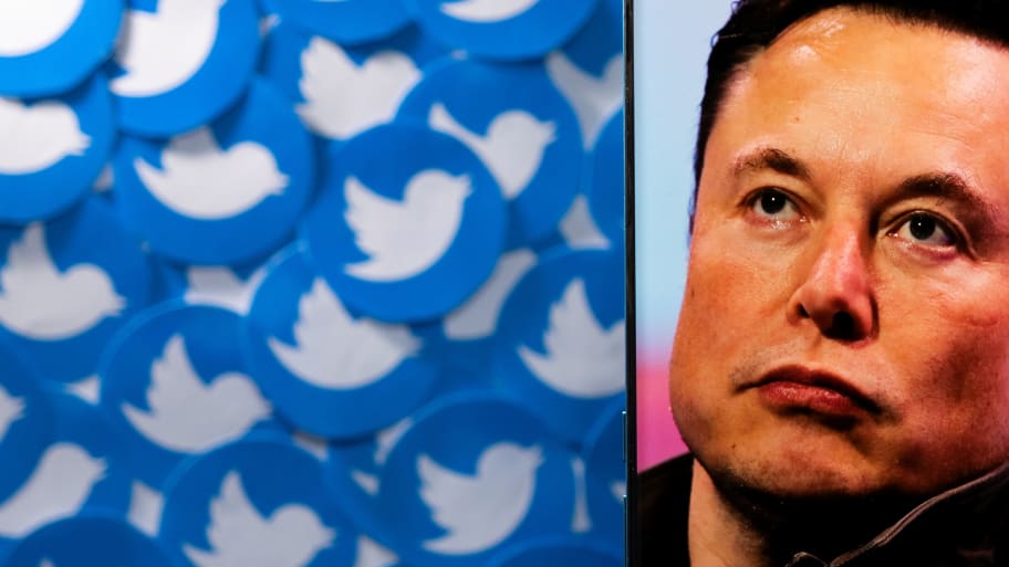 An illustration of the Twitter logo next to a photo of Elon Musk
