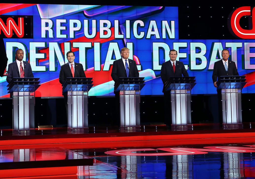 A photograph of the RNC Presidential Primary Debate on February 2016 with Ben Carson, Marco Rubio, Donald Trump, Ted Cruz and John Kasich.