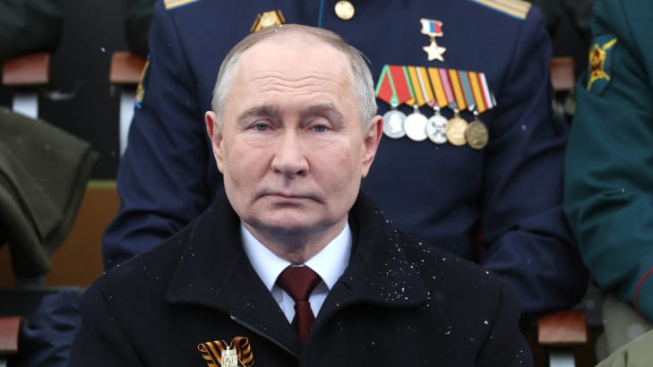 Russia's President Vladimir Putin attends the Victory Day military parade in central Moscow on May 9, 2024.