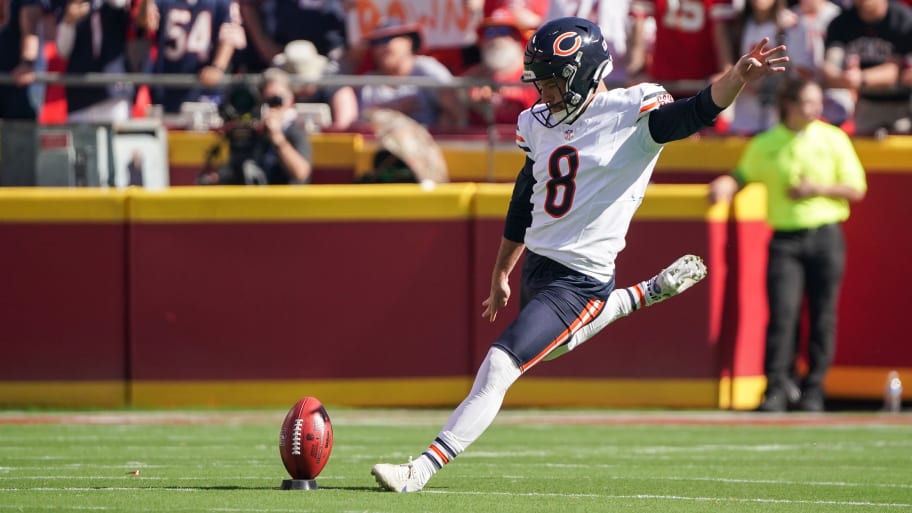 Chicago Bears place kicker Cairo Santos makes the opening kickoff in a game against the Kansas City Chiefs
