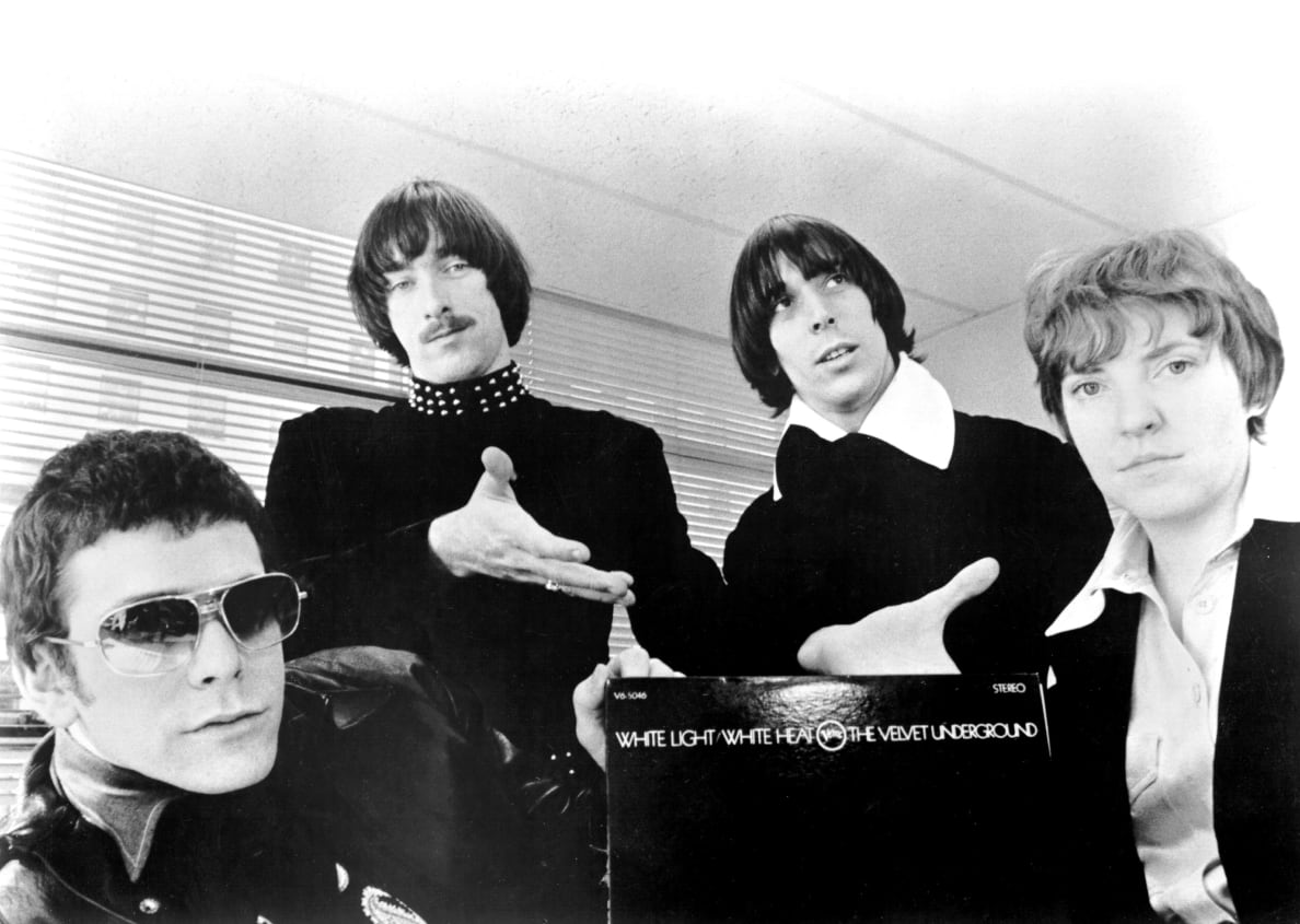 A black and white photo shows Lou Reed, Sterling Morrison, John Cale and Maureen "Moe" Tucker of The Velvet Underground in 1969.