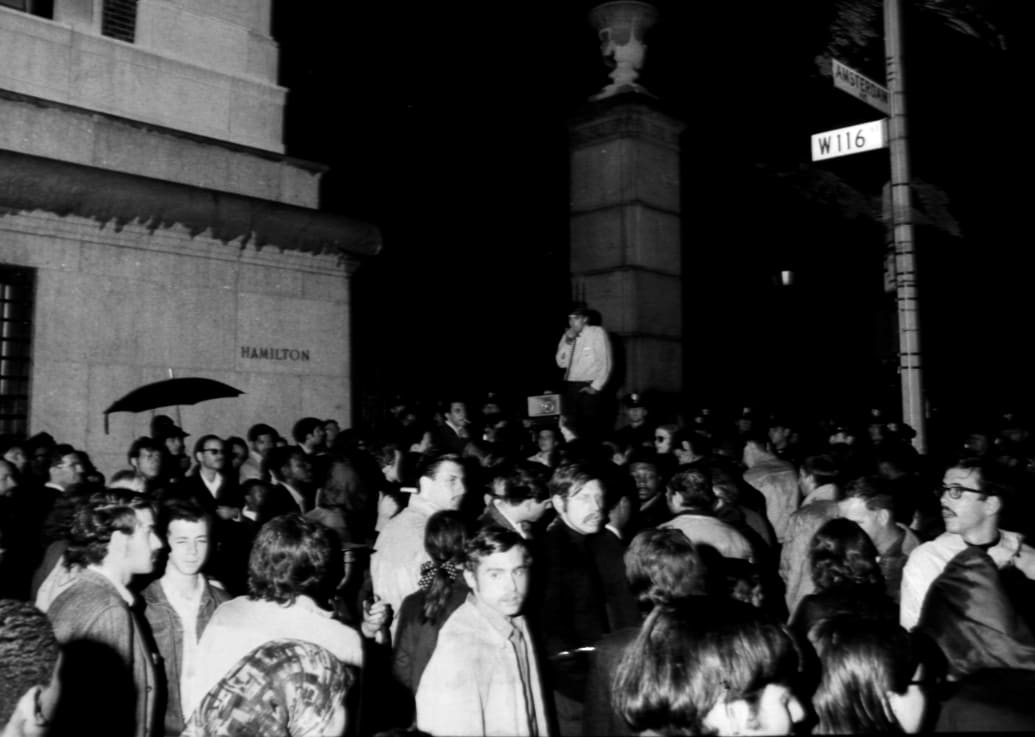 Mark Rudd speaks to a crowd on Columbia’s campus in 1968. 