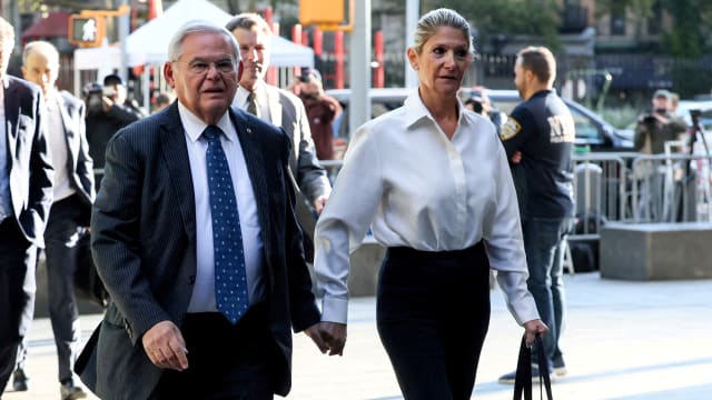 U.S. Senator Robert Menendez, Democrat of New Jersey, and his wife Nadine Menendez arrive at Federal Court for a hearing on bribery charges in connection with an alleged corrupt relationship with three New Jersey businessmen 