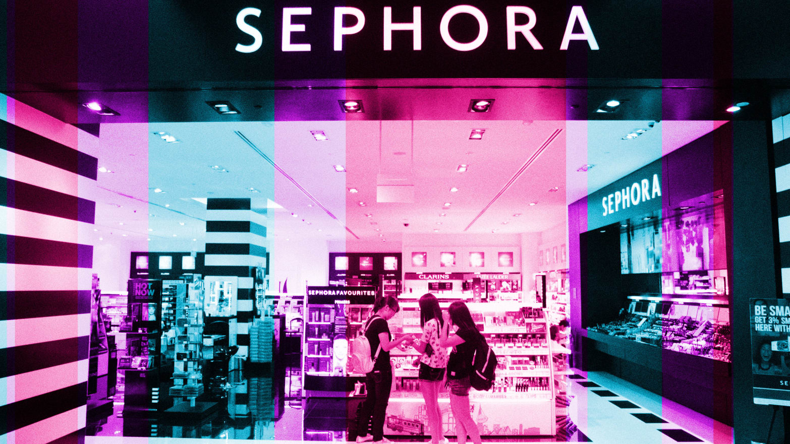 A photo illustration showing tweens in front of a Sephora store.
