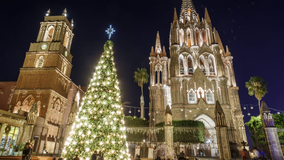 Christmas decorations at a church in Guanajuato, Mexico.