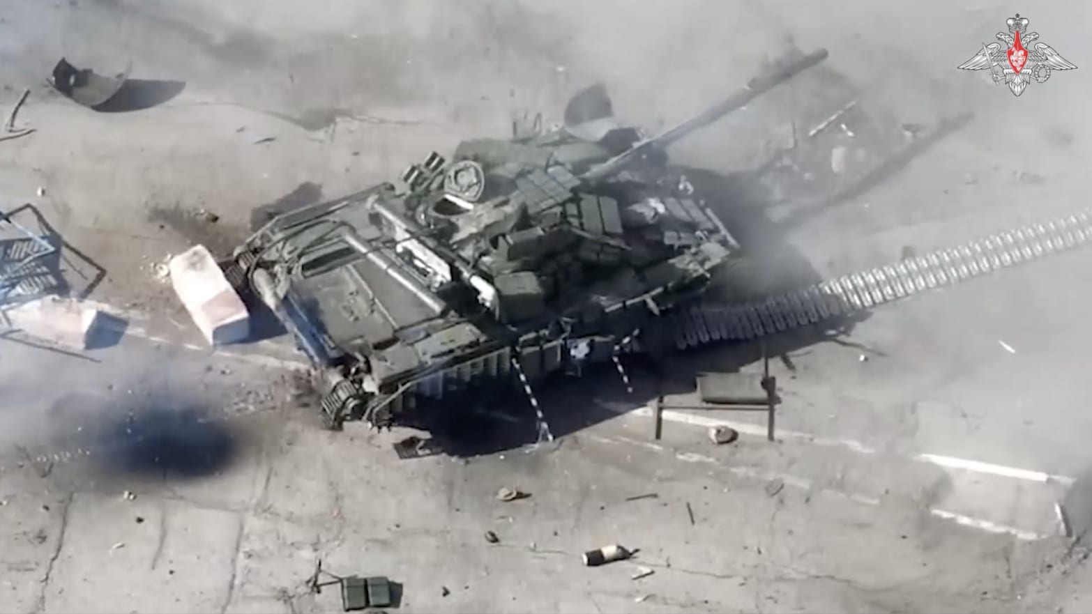 A destroyed tank purportedly used by Ukrainian groups attempting an incursion into Russia’s Belgorod region. 