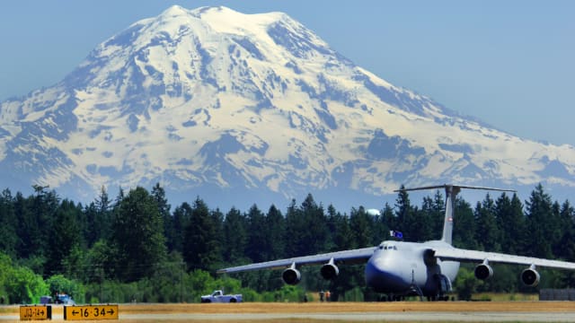 A C-5 Galaxy aircraft taxis on the airfield at Joint Base Lewis-McChord, Washington, where Harrod was stationed at the time of the abuse.